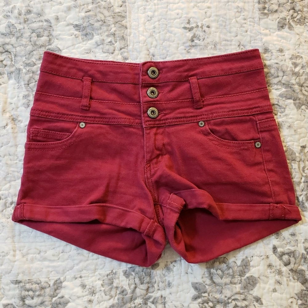 Raspberry Red Denim Mini Shorts by Blue Asphalt
